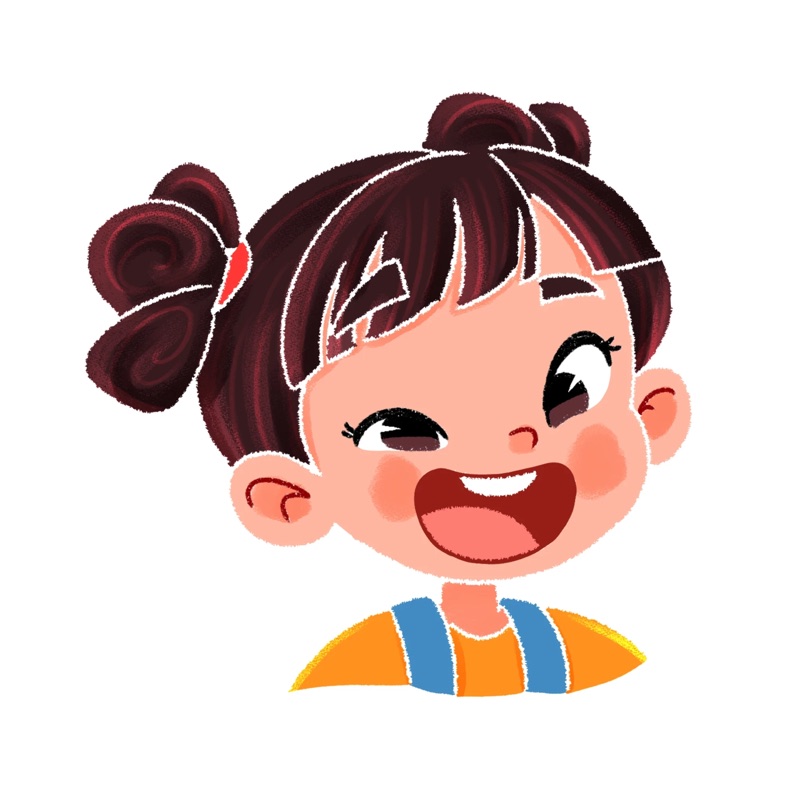 De mascotte van Buttercup Studio: een lachend meisje met twee knotjes, een oranje trui en blauwe bretels